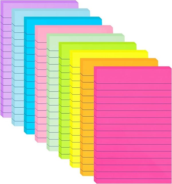 9-Pack Lined Sticky Notes 4x6 Inch – Large Ruled Sticky Pads in 9 Bright Colors, 35 Sheets per Pad, Super Sticky for Office & Home